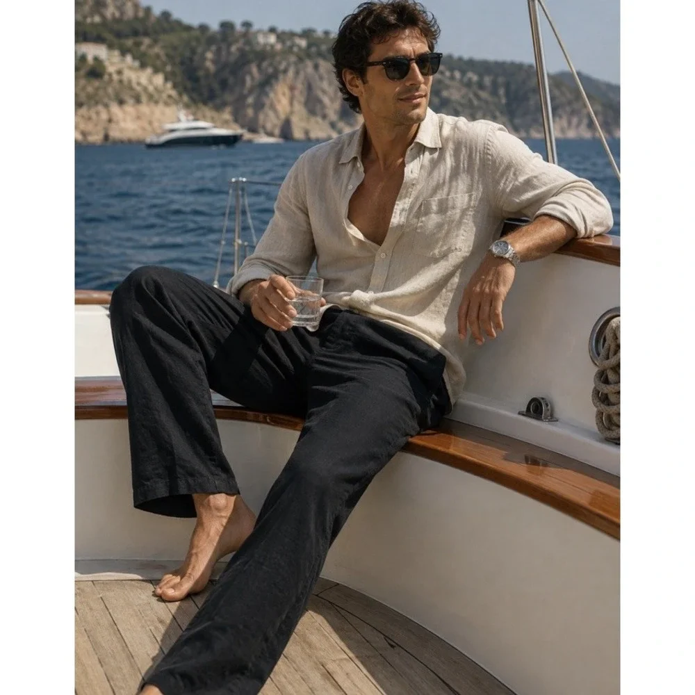 Tasso Elba Island Mens 40x32 100% Linen Black Drawstring Casual Trouser Pants